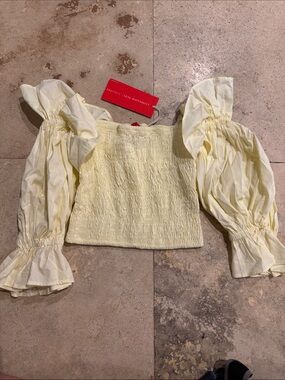 Smocked Puff-Sleeve Crop Top in Pale Yellow